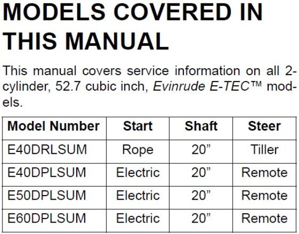 Evinrude 007 – Manual de serviço de motor de popa E-TEC 40 50 60HP – 2007 – Inglês