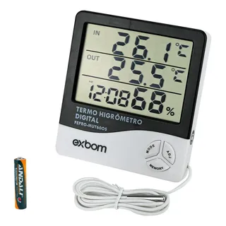 Termômetro Higrômetro Digital Exbom P/ Temperatura E Umidade Com Relógio